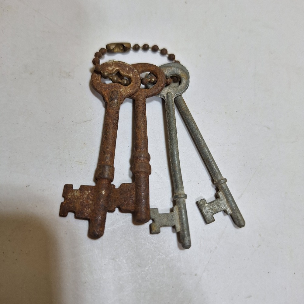 Vintage Skeleton Keys Lot 4 Old Warded Keys Rustic Steampunk Decor Ball Chain